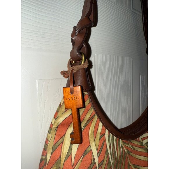 Fossil Caluso Top Zip Shoulder Bag With A Rust & Green Palm Leaf Print - Picture 4 of 14